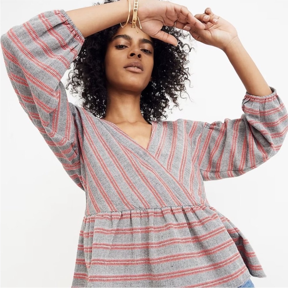 Madewell Gray and Red Striped Top